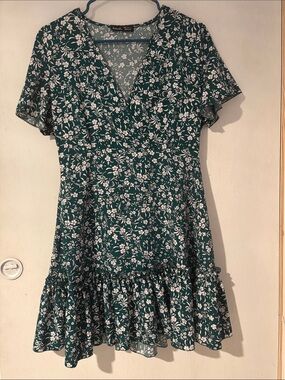 Floral V-Neck Wrap Mini Dress in Dark Green